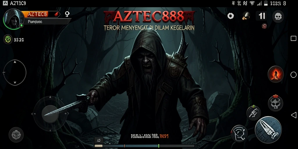 Screenshot utama AZTEC88 menampilkan suasana mencekam dan gameplay yang intens.