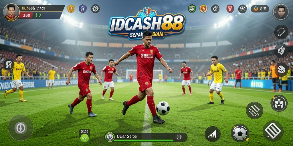 Tangkapan layar gameplay IDCASH88 menampilkan aksi sepak bola yang intens.