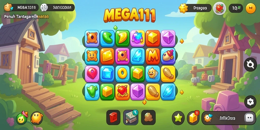 Screenshot utama MEGA111 menampilkan aksi gameplay Match-3 yang seru.