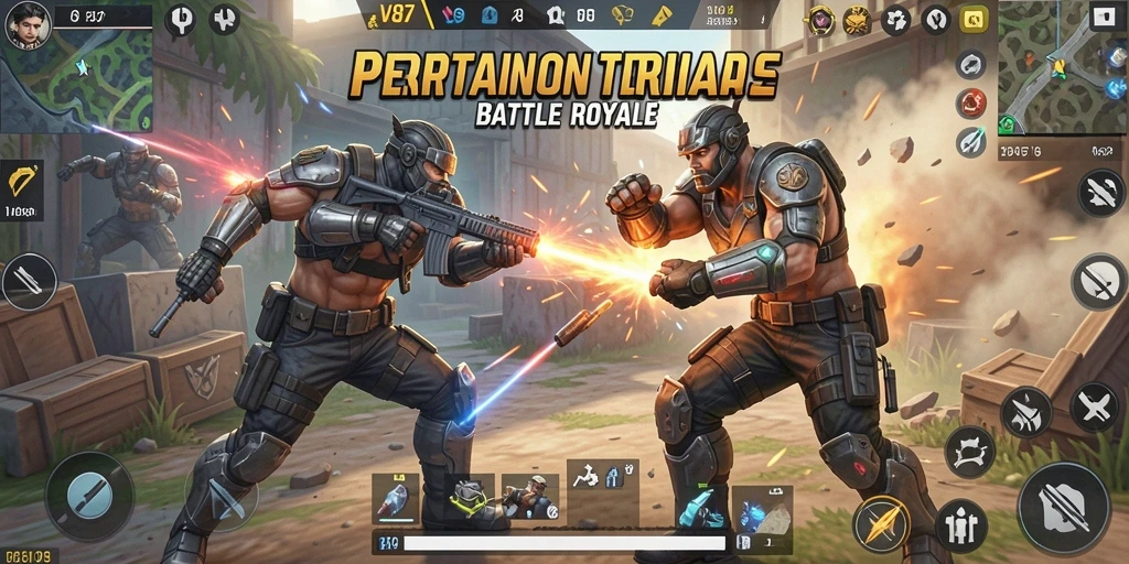 Gameplay V87 menunjukkan aksi Battle Royale yang intens.